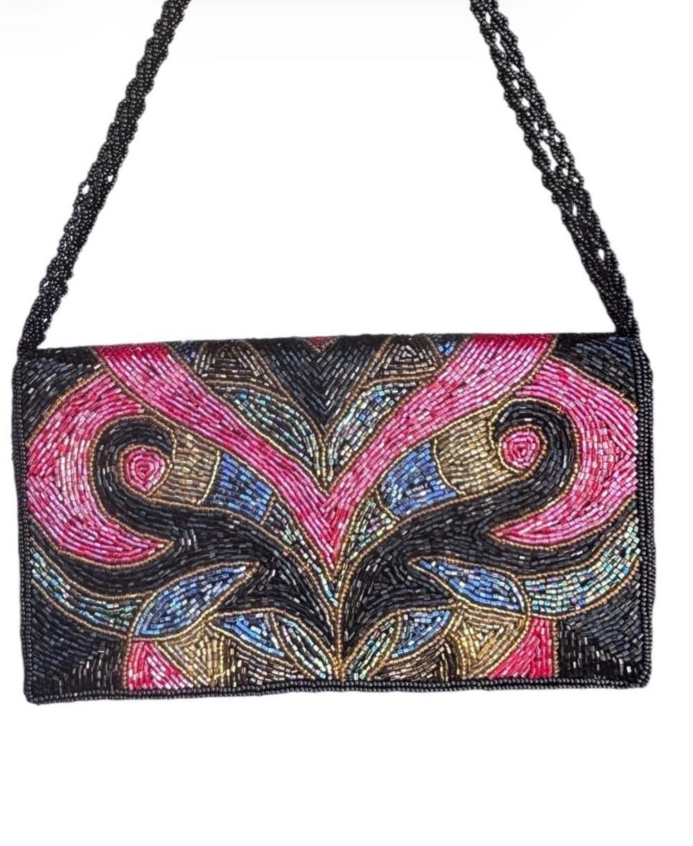 Vintage Hand-Beaded Multi-Color Floral Pattern Evening Clutch with Braided Strap